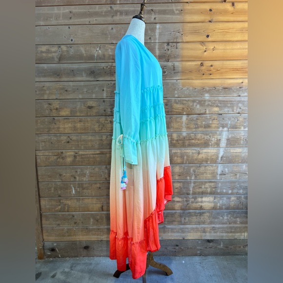 MAZIK Rainbow Gradient Hi-Low Tiered Ruffles With Tassels At Wrist Maxi Dress S - Picture 2 of 8